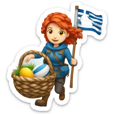 red hair female winter mountaineer climbing with Easter eggsbasket and Greek flag sticker