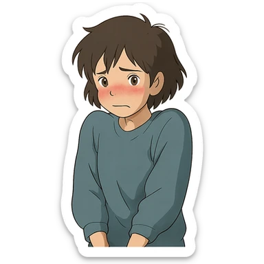 ghibli style character looking embarrassed, blushing, shy posture sticker