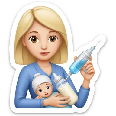 Mother holding a baby bottle with milk and a vaccine syringe sticker