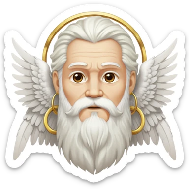 Zeus-like deity with large white feathered wings, long white hair and beard, wise expression, gold hoop earrings hanging from ears sticker