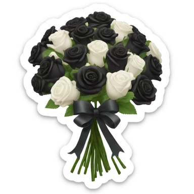 huge bouquet of small black roses with white ribbon sticker