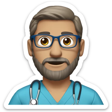 male dark blond haired doctor in scrub cap with grey van dyke beard with hazel eyes and small wire-rimmed glasses in blue scrubs holding a large paintbrush sticker