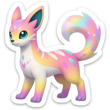 Rare realistic exotic pastel whitish pinkish yellowish gradients shiny sparkly divine celestial spiritual iridescent cute epic pretty beautiful handsome gorgeous aesthetic colorful vibrant Vernid-Trico-species-Fakemon-creature by LiLaiRa, 4 legs, 1 tail, random markings, (full body) sticker