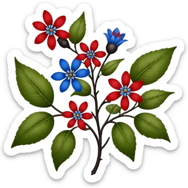 dull green leaves & red & blue flowers filigree design & small fruits& ebony branches, extremely detailed, complex design sticker