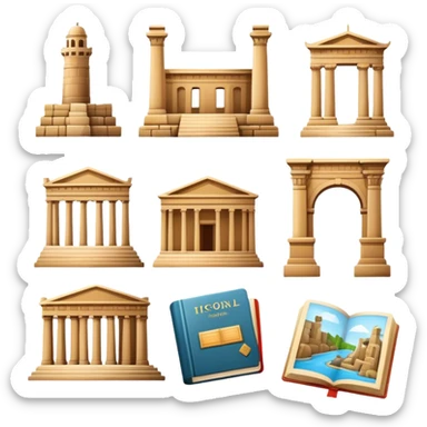 Icon for Historical and Cultural Tourism: iconic landmarks like ancient ruins, a museum and a historical monument, with a travel guidebook and camera. The icon should capture the exploration of history and culture. Transparent background. sticker