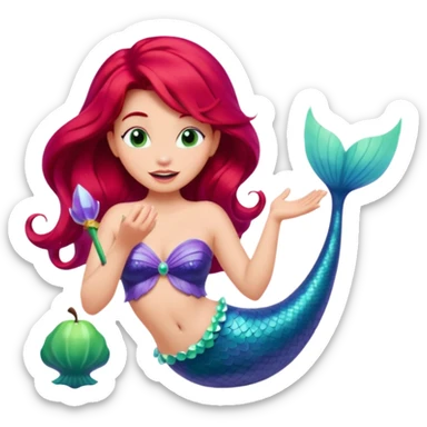 Ariel from Disney's The Little Mermaid, singing, with red hair, purple seashell top, and green mermaid tail, apple-style emoji art sticker