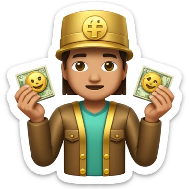 3D emoji, minecraft inspired character made of glossy plastic, holding money and gold coins, cinematic lighting, soft reflections, ultra detailed, centered, clean background, high resolution sticker