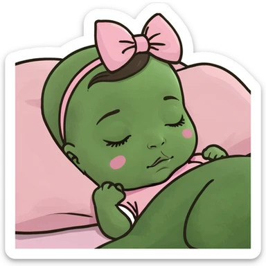 Brunette baby girl Caucasian sleeping pink bow sticker