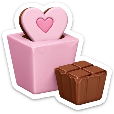 Two square milk chocolate pralines, Each praline is a sharp-edged cube with smooth glossy chocolate coating, placed in a small white fluted paper candy cup. On top of each cube is a flat pastel pink heart-shaped icing sticker