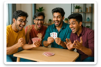 four young Indian men, college students, gathered around a table playing tash, animated gestures, fun mood, contemporary style sticker