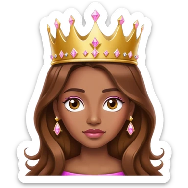 Queen, brown long hair, golden crown with pink diamonds sticker