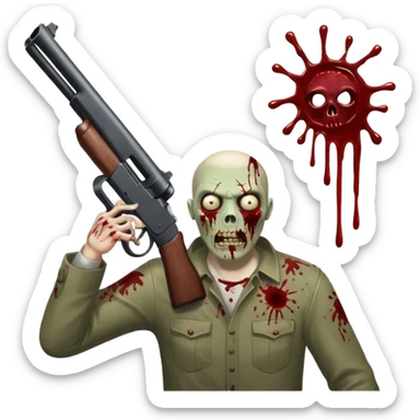 Man in foreground firing shotgun, zombie approaching from front, blood splatter, dark horror, no background












 sticker