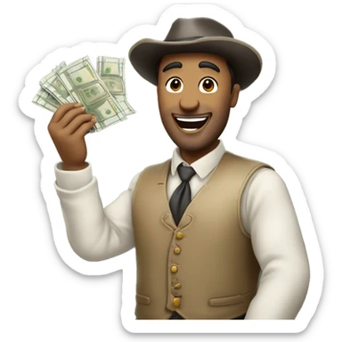 homme riche tient des billets dans ses mains et sautede joie sticker