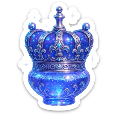 ultra luxurious small crown-shaped elixir bottle, color #7986cb, intricate and bold iridescent and silver details, maximum intense magical glowing and sparkling effects, very small neck, seamless bottom, transparent background, floating, no base or shadow, modern, matching a magical luxury collection sticker
