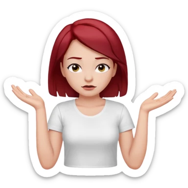 younger woman shrugging, eyes closed, white t-shirt, dark red hair, black eyebrows sticker
