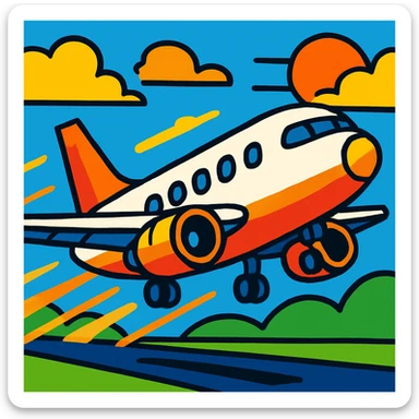 an airplane taking off, vibrant cartoon style sticker