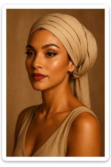 a tanned skin woman with a headscarf and makeup, elegant and expressive sticker