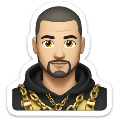 Russian muscular thug man aged 26 wearing gold chain with black hair buzz cut and short beard sticker
