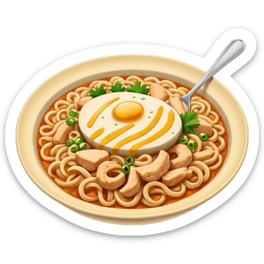 plato de fideos con salsa huancaína y pollo empanizado sticker