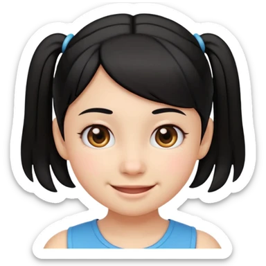 smiling girl in emoji style, black hair parted in the middle with two small side pigtails, round eyes, cheerful expression, soft cartoon face, head and upper shoulders, clean lines, minimal white background, vibrant and simple sticker