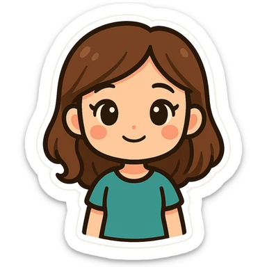 sticker illustration of a girl from a photo, cute cartoon style combining Bitmoji and chibi, simplified facial features, large expressive eyes, flat vector coloring, clean bold outlines, soft shadows, consistent character design, front view, white background sticker