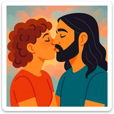 expressive illustration of a white woman with curly brown hair and a white man with long hair and a black beard kissing, soft background, romantic atmosphere sticker