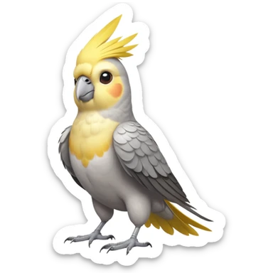 cinematic-[cockatiel]-realistic-full-body-perched-emoji,-wings-tucked-neatly,-head-tilted-dramatically,-sleek-[yellow and grey]-feathers,-simplified-yet-realistic-focused-features,-highly-detailed,-glowing-with-an-almost-sarcastic-glow sticker