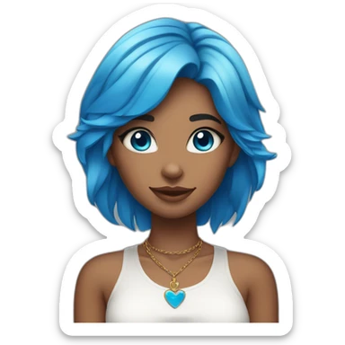 Tan skinned girl with blue hair, cat ears, white top, blue necklace and blue eyes sticker
