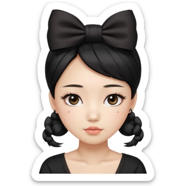 Korean woman with black cute  cut with a black top and a bow on her head with long lashes sticker