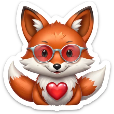 A dreamy fox with iridescent fur, a glowing tail, a silver star on its forehead, and round glasses, hugging a big red heart and smiling warmly sticker