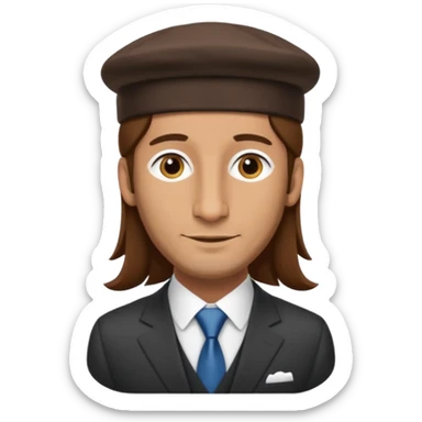 Man with a long nose wearing a suit and kippah, he has long brown hair with a payot sticker