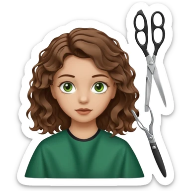 Girl with green eyes and brown wavy hair getting haircut with scissors sticker