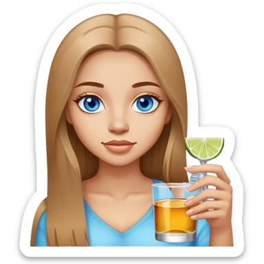 girl, long light brown straight, blue eyes, hair holding tequila sticker