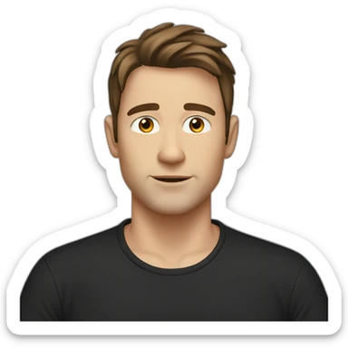 a shaved white man with messy long dark brown hair, with a black t-shirt sticker