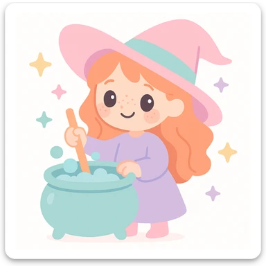 a cute ginger witch stirring a bubbling cauldron, freckles, mischievous smile, whimsical style sticker