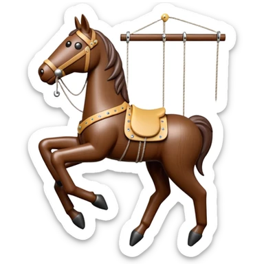 3D render of Horse Puppet as a wooden marionette puppet, Wooden toy horse on strings, silver metal screw joints at elbows and knees, polished brown wood texture, rigid toy pose, emoji style, isolated on white background --v 6.0. sticker