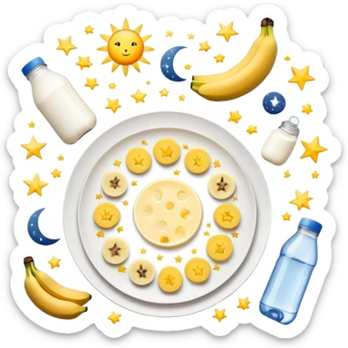 Mystical daily routine constellation: water bottle, sun, chicken plate, banana, gym weight, yogurt, fruits and chocolate, and moon symbols arranged like stars in a constellation pattern with glowing lines connecting them in sequence sticker