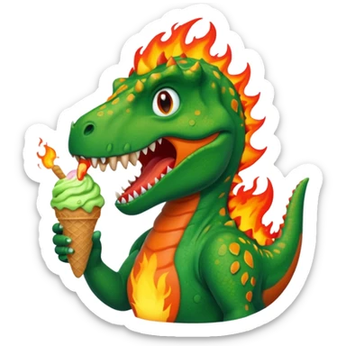 Dinosaur with ice cream and fire behind it sticker