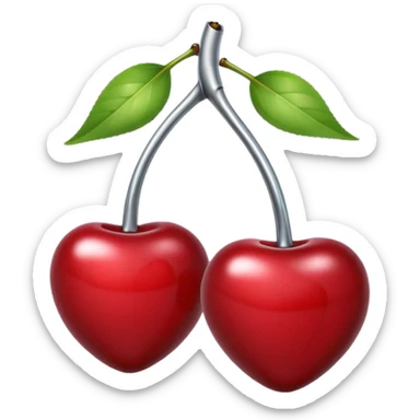A pair of cherries emoji made of polished silver chrome, smooth rounded shapes, glossy metallic finish, soft highlights and reflections, cute proportions, iOS emoji style, centered, clean white background, no text sticker