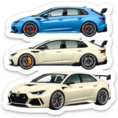 three cars lineup fromt profile forming a semi circle with a lamboghini svj an bmw m140i and a audi ra6 sticker