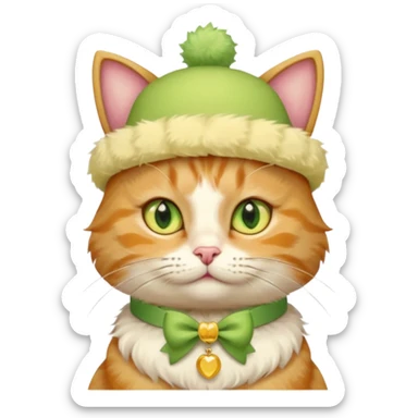 cat wearing a creamy cake hat with fun necklace around his neck and a yellow bow in the middle sticker