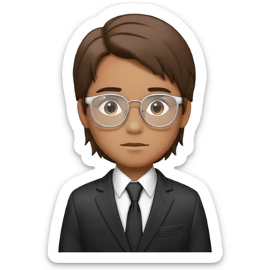 A boy with long brown hair wearing silver glasses. Dressed in a suit, black tie and jacket, white shirt. Visible from the waist up. sticker