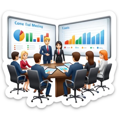 boardroom meeting with people presenting charts on a large table sticker