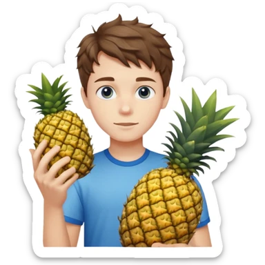 Pale teenage man with short wavy brown hair holding pineapple, prominent jawline, blue eyes sticker