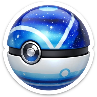 blue pokeball emoji, top half is a more saturated blue, bottom half is white, black stripe, with a white sheen, with a pearlescent finish, with a galaxy effect sticker