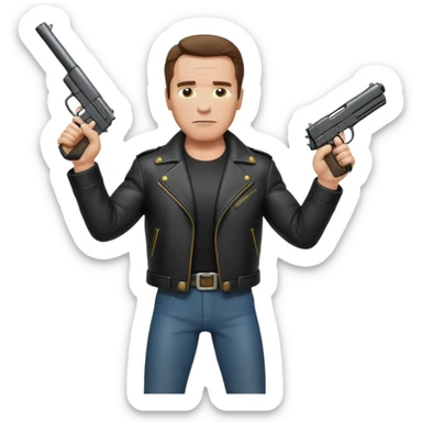 Full-body Terminator Arnold Schwarzenegger in leather jacket, holding a gun raised, realistic emoji style sticker