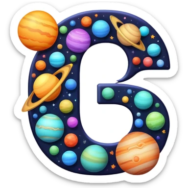 letter J with colorful planets orbiting around it sticker