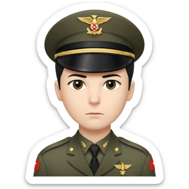 short black neat hair, sharp dark gray eyes, pale skin, serious expression, wearing military uniform, upright posture, minimal accessories, sharp and precise style. Man sticker
