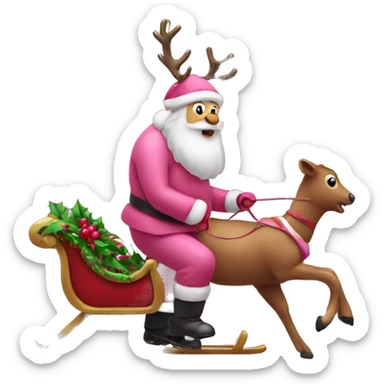Pink reindeer pulling a sled with Santa  sticker