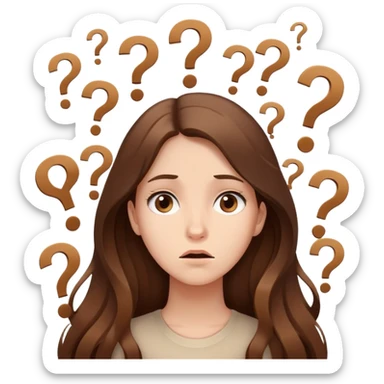 Confused girl with long brown hair surrounded by floating question marks elegant beige sticker